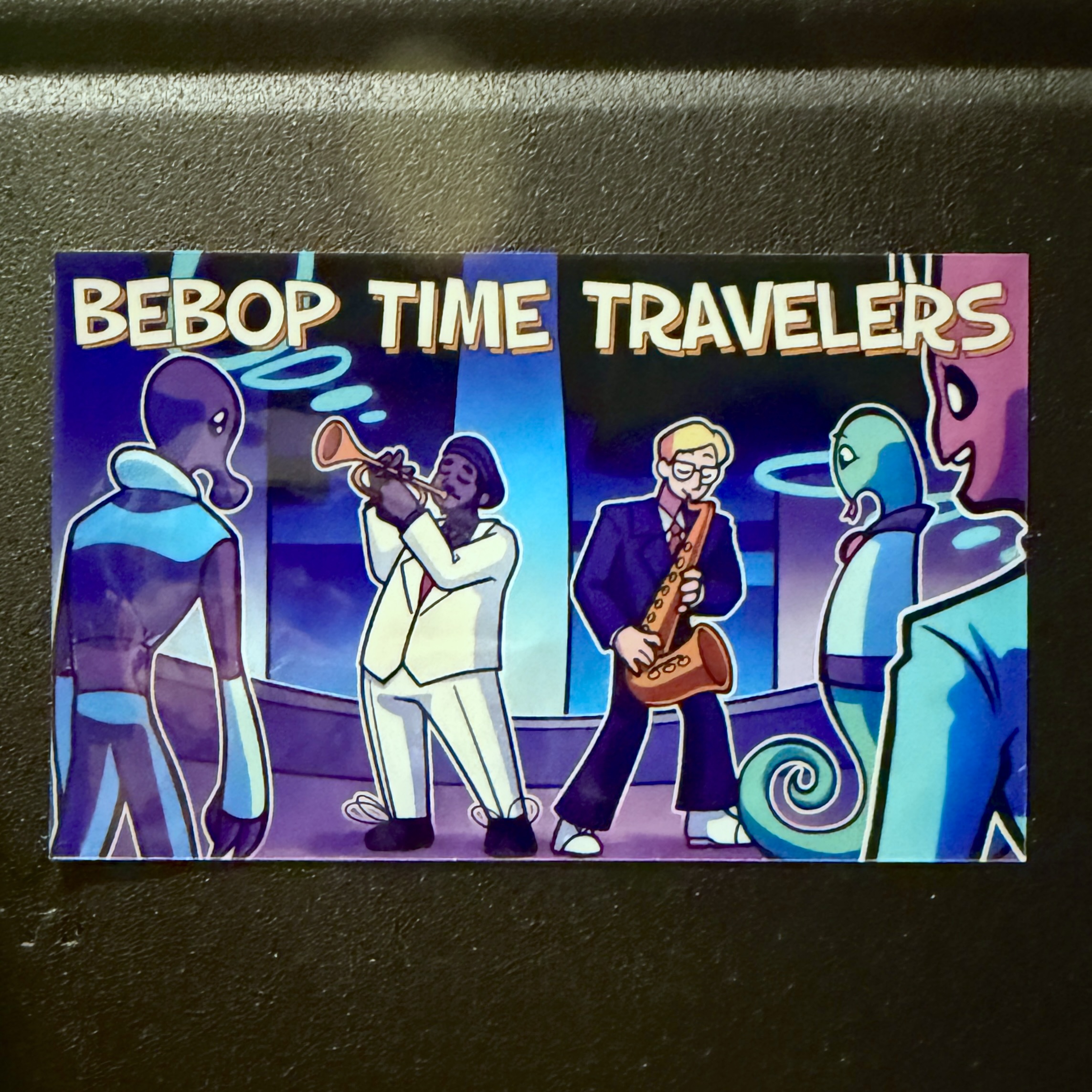 sticker featuring time traveling jazz musicians