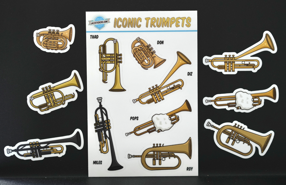 sticker sheet featuring six iconic trumpets