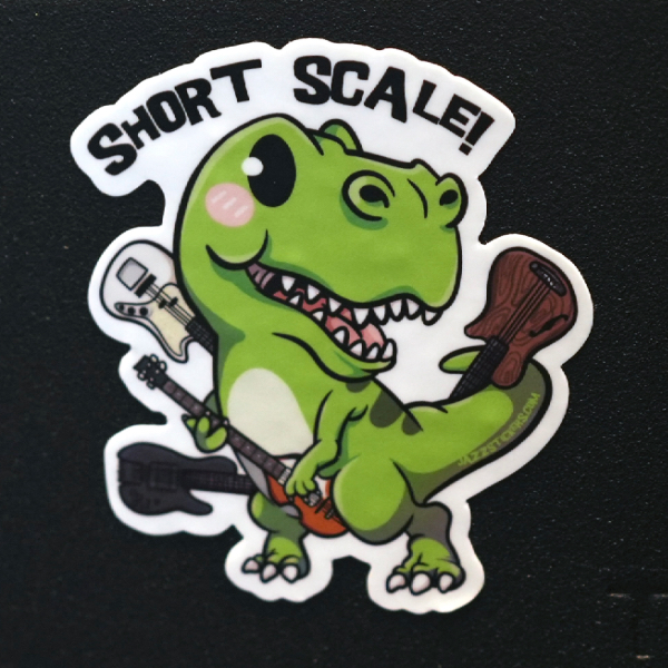 sticker containing a dinosaur playing bass